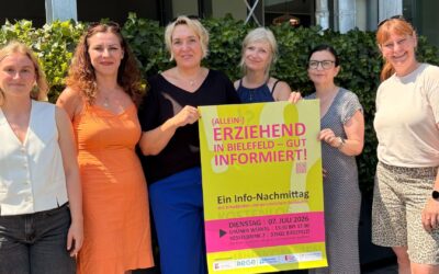 Sechs Frauen lächeln vor Efeuwand, zwei halten gelbes Plakat für Info-Nachmittag für (Allein-)Erziehende in Bielefeld