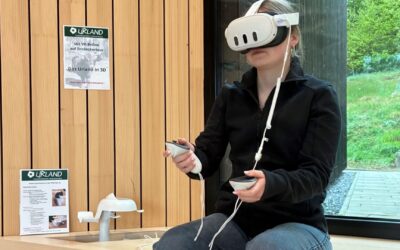 Person trägt VR-Brille und hält Controller in der Klimaerlebniswelt Oerlinghausen, vor Holzwand und Fenster mit Natur