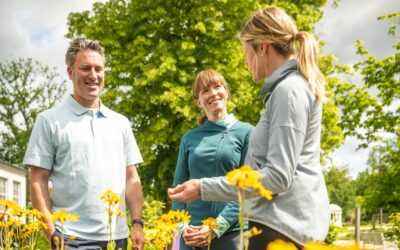 Drei Personen unterhalten sich in einem sonnigen Park mit gelben Blumen und Bäumen