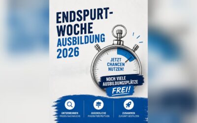 Stoppuhr mit blauem Countdown und Text 'Endspurt-Woche Ausbildung 2026', 'Jetzt Chancen nutzen' und 'Noch viele Plätze