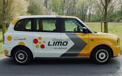 Weißes LIMO-Taxi mit gelben und grauen Mustern und Lippemobil-Schriftzug parkt auf asphaltierter Straße vor grünen