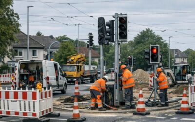Drei Bauarbeiter in orangefarbener Warnkleidung arbeiten an Ampelanlagen auf einer Straßenbaustelle mit Bauzäunen und