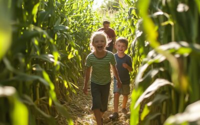 Zwei lachende Kinder und ein Mann gehen fröhlich durch ein sonniges Maislabyrinth