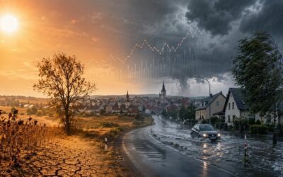 Geteilte Stadt- und Agrarlandschaft: links Dürre unter Sonne, rechts Überschwemmung mit Auto unter Sturm, mit