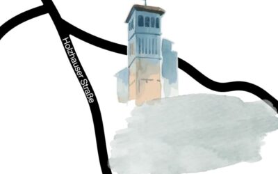 Stilisierte Kartendarstellung der Holzhauser Straße mit einem Kirchturm im Hintergrund