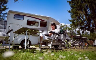Frau sitzt mit Laptop auf einem Campingstuhl vor einem weißen Wohnmobil auf einer Wiese, daneben Fahrräder und Bäume