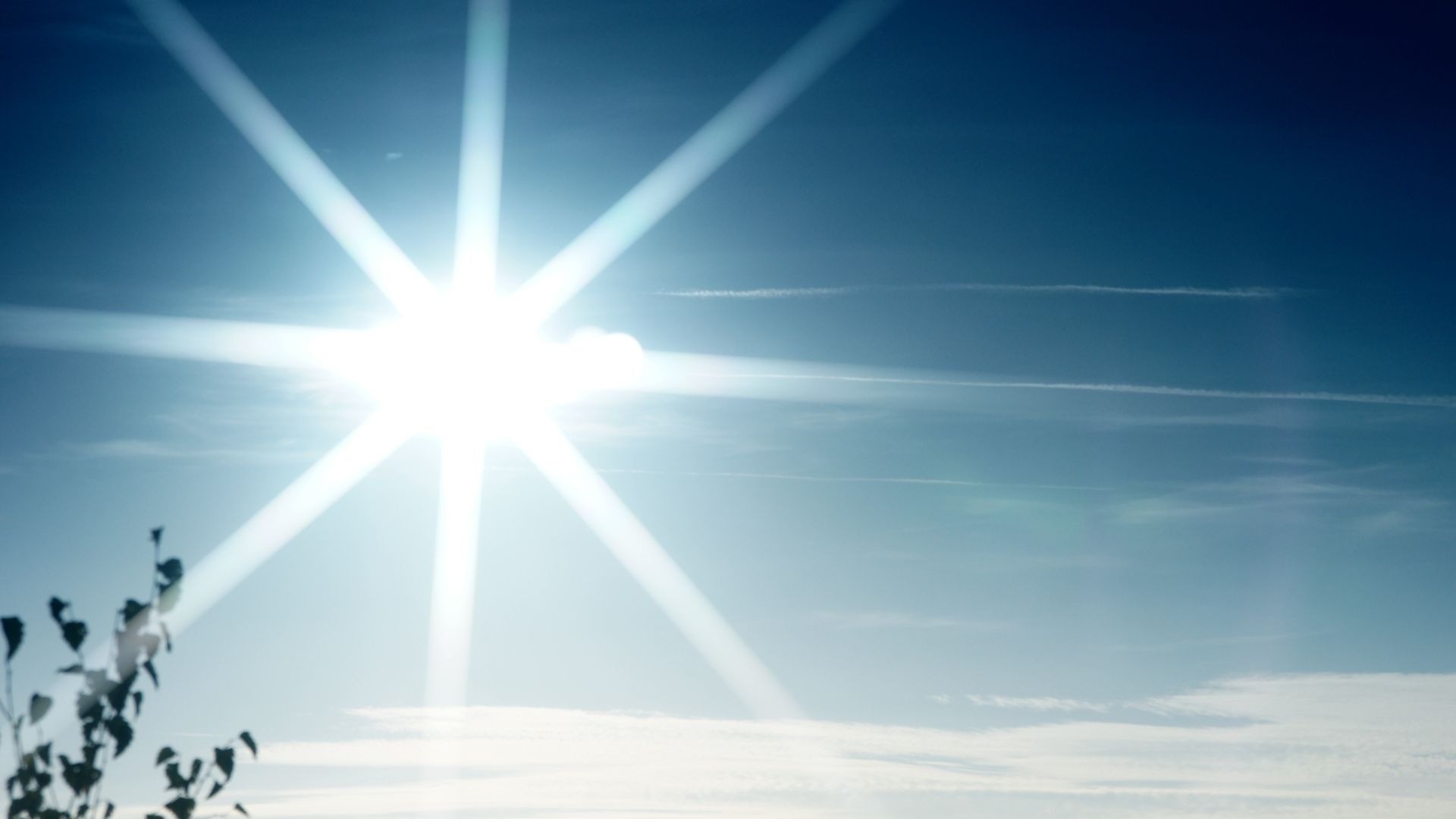 Helle Sonne mit deutlichen Strahlen am blauen Himmel und dunklen Baumzweigen im Vordergrund