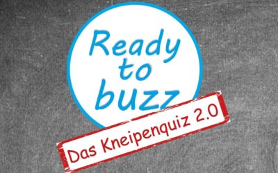 Dunkler, grauer Hintergrund mit einem weißen Kreis, der „Ready to buzz“ in Blau zeigt, überlappt von einem roten Banner