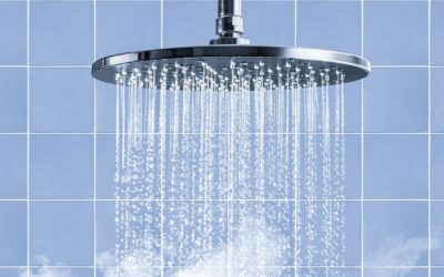 Ein Duschkopf sprüht Wasserstrahlen vor blauen Fliesen und aufsteigendem Dampf