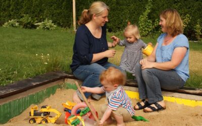 Zwei Frauen sitzen am Sandkasten und beobachten zwei Kleinkinder beim Spielen, ein weiteres Kind im Hintergrund