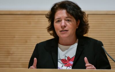 Kerstin Vieregge spricht an einem Pult vor einer Holzwand und gestikuliert mit den Händen