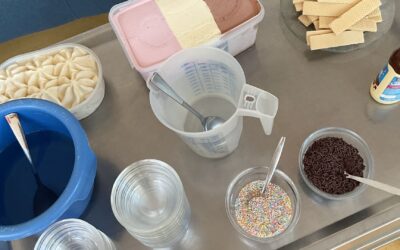 Servierwagen mit Behälter Neapolitaner Eis, Waffeln, Schoko- und bunten Streuseln, Schokosoße, Löffeln und Gläsern