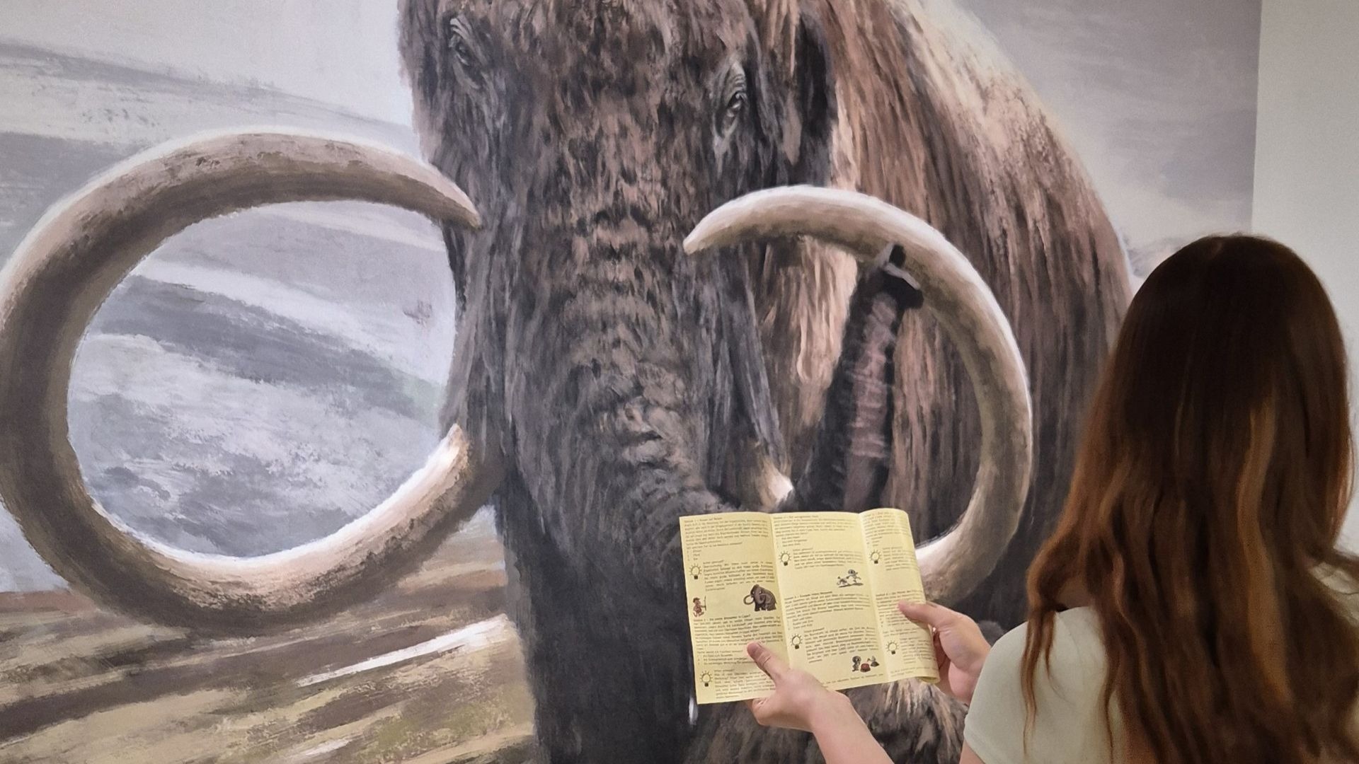 Eine Person mit Broschüre vor dem großen Wandbild eines wolligen Mammuts mit Stoßzähnen