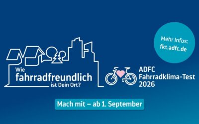 Frage 'Wie fahrradfreundlich ist Dein Ort?' mit stilisiertem Stadtbild, Fahrrad und ADFC Fahrradklima-Test 2026 ab 1.