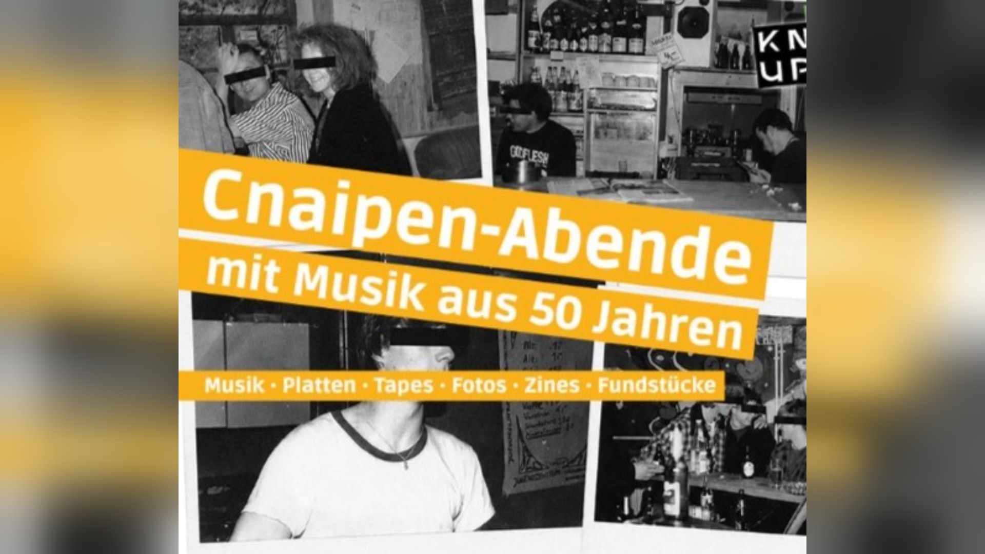 Collage aus Schwarz-Weiß-Fotos von Kneipenszenen mit Gästen an Bars, überlagert vom Titel Cnaipen-Abende mit Musik aus
