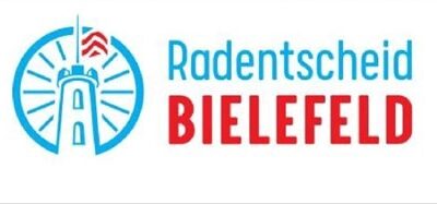 Logo Radentscheid Bielefeld: blauer Turm mit Fahne in Radsymbol und Schriftzug Radentscheid Bielefeld