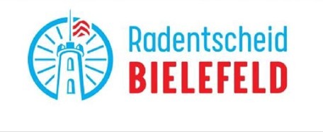 Logo Radentscheid Bielefeld: blauer Turm mit Fahne in Radsymbol und Schriftzug Radentscheid Bielefeld