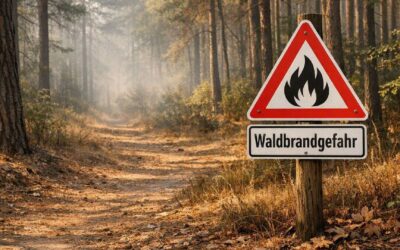 Warnschild "Waldbrandgefahr" mit Flammen-Symbol an einem trockenen Waldweg zwischen hohen Bäumen im Herbst
