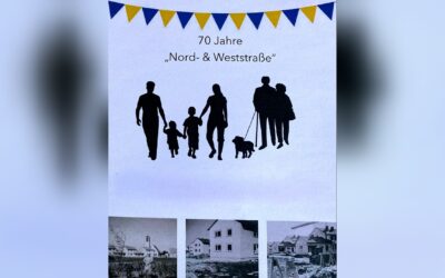 Plakat zum Siedlungsfest 2026: 70 Jahre Nord- & Weststraße, Familien-Silhouetten und historische Häuserbilder