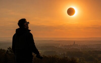 Ein Mann mit Sonnenfinsternisbrille blickt auf eine partielle Sonnenfinsternis am Abendhimmel über Landschaft und Stadt