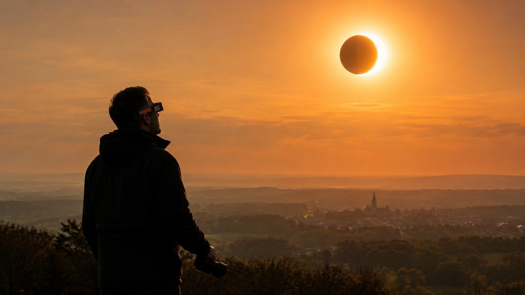 Ein Mann mit Sonnenfinsternisbrille blickt auf eine partielle Sonnenfinsternis am Abendhimmel über Landschaft und Stadt