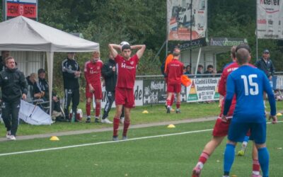 Ein Spieler im roten Trikot macht einen Einwurf, andere Spieler in Rot und Blau sind auf dem Feld
