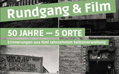 Collage von Gebäuden, jungen Menschen und Zeichen von Jugendkultur, überlagert von grünen Textfeldern
