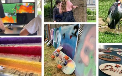 Kinder spielen Videospiel, Mädchen am Baum, Stufen werden besprüht, Kranich im Gras, Skateboard und Leinwände,