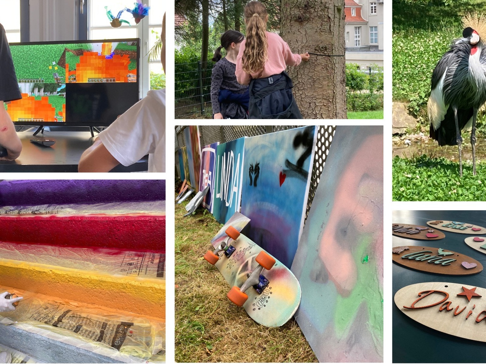 Kinder spielen Videospiel, Mädchen am Baum, Stufen werden besprüht, Kranich im Gras, Skateboard und Leinwände,