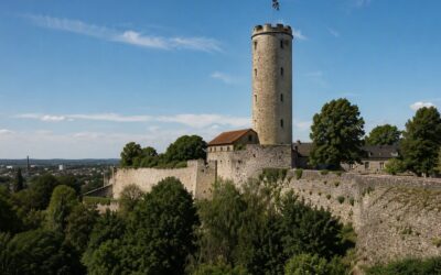 Hoher runder Steinturm der Sparrenburg in Bielefeld mit Fahne, umgeben von historischen Mauern und Bäumen bei blauem