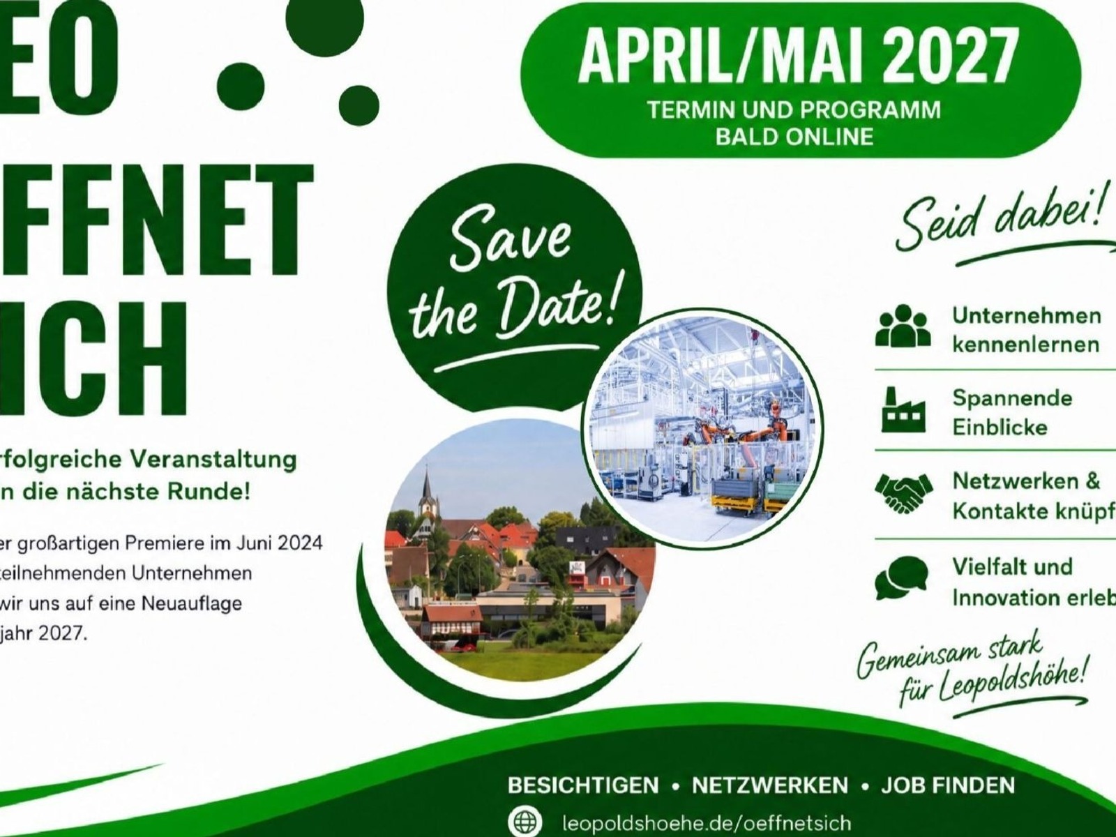 Ankündigung "LEO ÖFFNET SICH" für Leopoldshöhe im April/Mai 2027 mit Industrierobotern und Dorfansicht zur Besichtigung