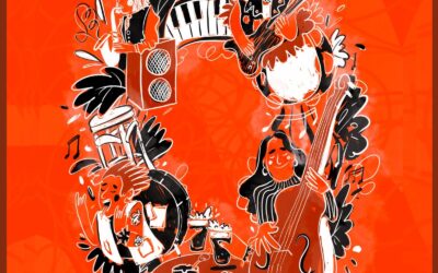Musiker spielen Saxophon, E-Gitarre, Kontrabass und singen in einer Bar mit Schlagzeug, Keyboard und Getränken