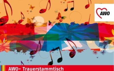 AWO-Logo, Musiknoten und Schmetterlinge auf farbigen Flächen und Splattern, darunter der Text "AWO- Trauerstammtisch