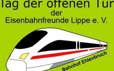 Grünes Plakat mit weißem Hochgeschwindigkeitszug und dem Text: Tag der offenen Tür der Eisenbahnfreunde Lippe e. V.