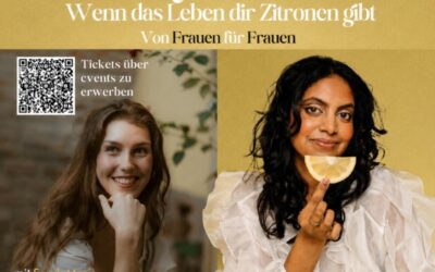 Sarah Marie lächelt und blickt nach rechts, SOBI hält eine Zitronenscheibe, auf einem Plakat für ein Poetry Konzert