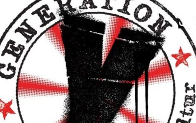 Rundes Logo mit einem tropfenden schwarzen Y, rotem Strahlenmuster und der Aufschrift Generation Update einer Subkultur