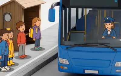 Fünf Kinder warten an einer Bushaltestelle auf einen blauen Bus mit lächelnder Fahrerin am Steuer