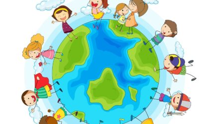Zahlreiche fröhliche Kinder aus aller Welt umringen eine große Erdkugel unter blauem Himmel und Wolken
