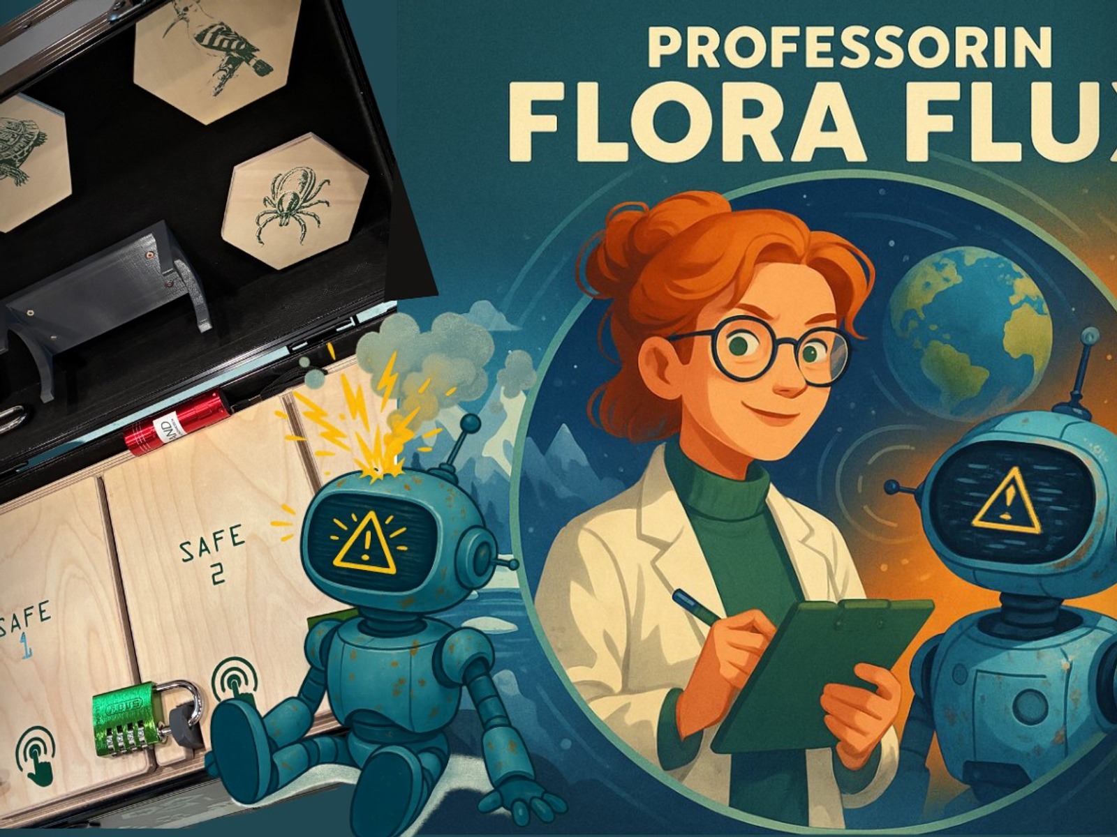 Offene Rätselbox mit Tierbildern und Schlössern, daneben Wissenschaftlerin Flora Flux mit Robotern, Erde und Windrädern