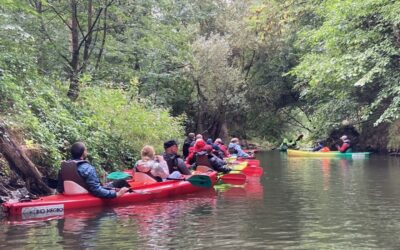 Familien in roten und gelben Kanus fahren auf einem schmalen Fluss, umgeben von dichten grünen Bäumen